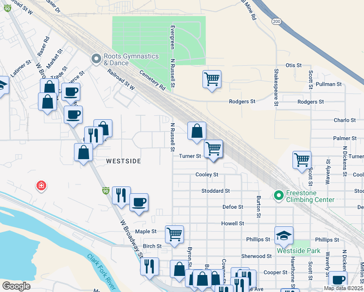 map of restaurants, bars, coffee shops, grocery stores, and more near 1520 North Russell Street in Missoula