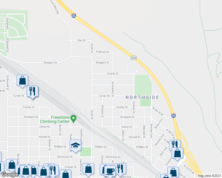 map of restaurants, bars, coffee shops, grocery stores, and more near 8 North Dickens Street in Missoula