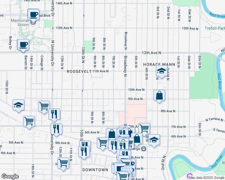map of restaurants, bars, coffee shops, grocery stores, and more near 619 10th Avenue North in Fargo