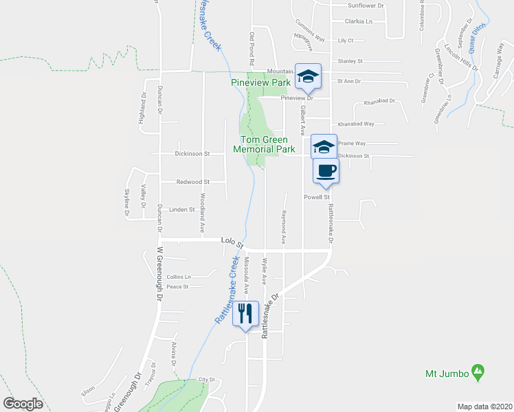 map of restaurants, bars, coffee shops, grocery stores, and more near 2425 Wylie Avenue in Missoula