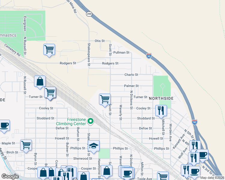 map of restaurants, bars, coffee shops, grocery stores, and more near 1039 Palmer Street in Missoula