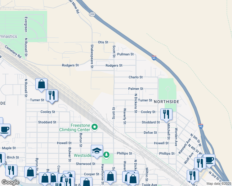 map of restaurants, bars, coffee shops, grocery stores, and more near 1560 Scott Street in Missoula
