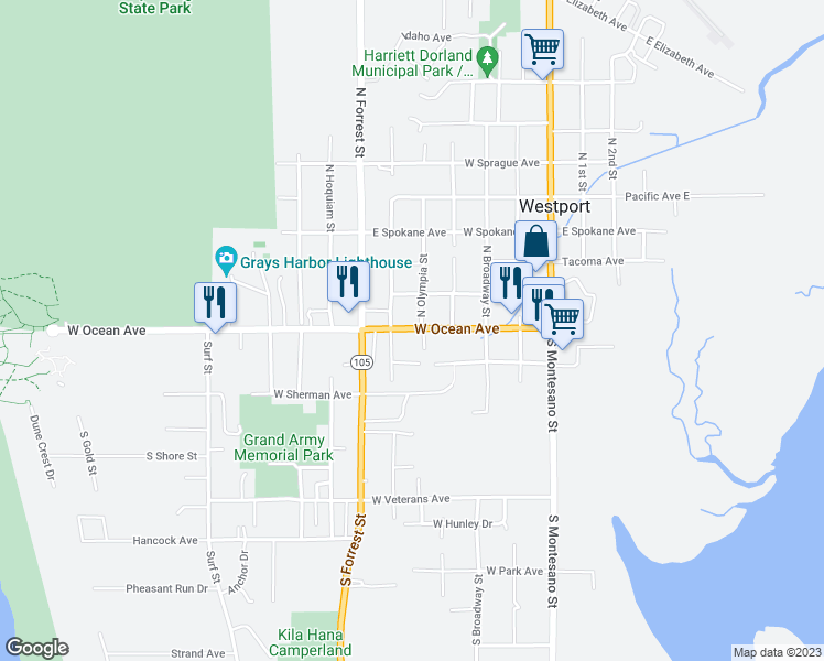 map of restaurants, bars, coffee shops, grocery stores, and more near 1600 West Ocean Avenue in Westport