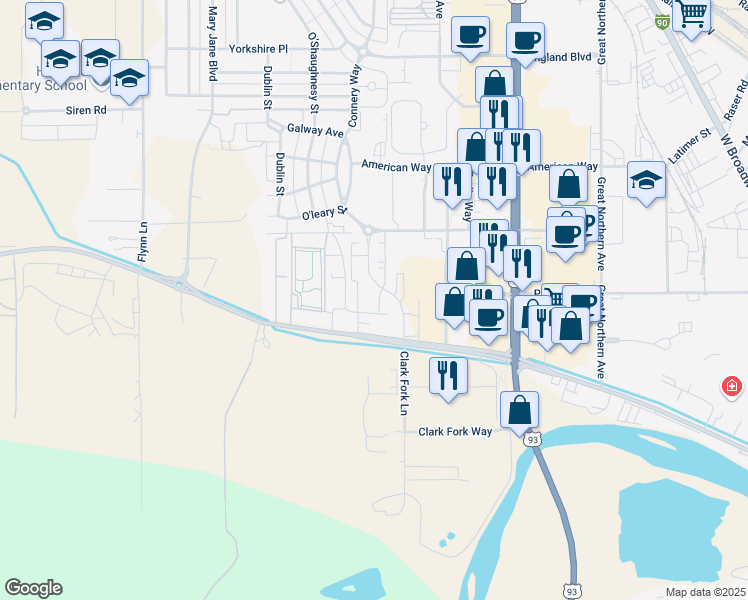 map of restaurants, bars, coffee shops, grocery stores, and more near 2445 Clark Fork Lane in Missoula