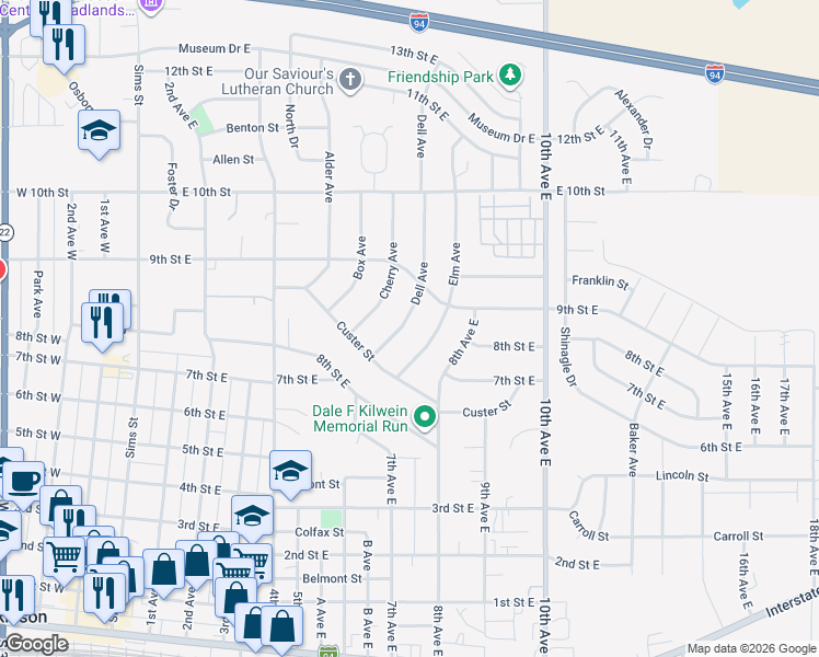 map of restaurants, bars, coffee shops, grocery stores, and more near 854 Dell Avenue in Dickinson