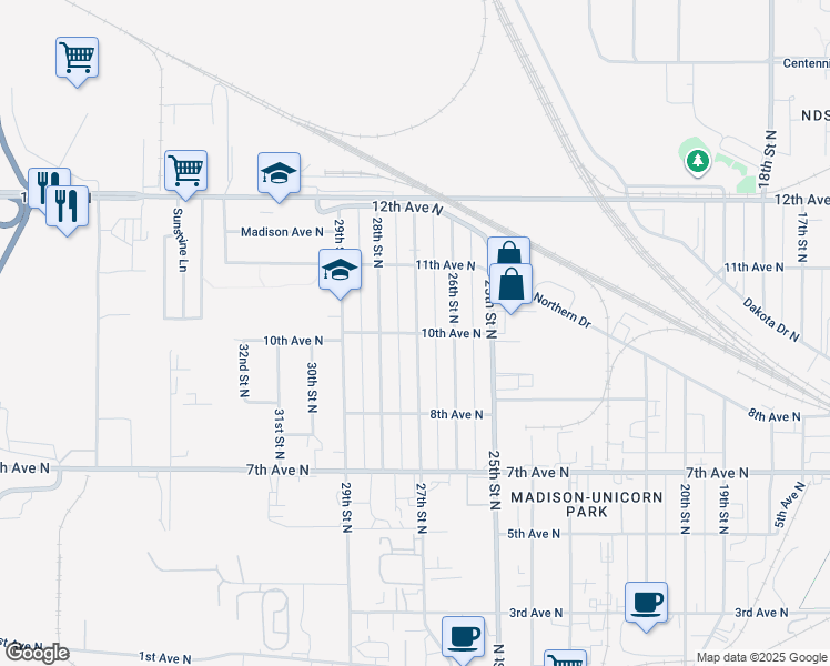 map of restaurants, bars, coffee shops, grocery stores, and more near 2704 10th Avenue North in Fargo