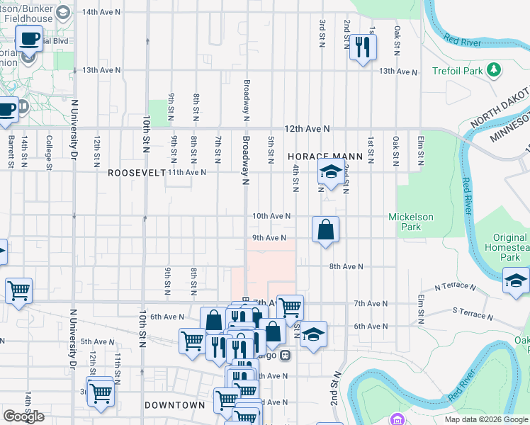 map of restaurants, bars, coffee shops, grocery stores, and more near 1001 5th Street North in Fargo