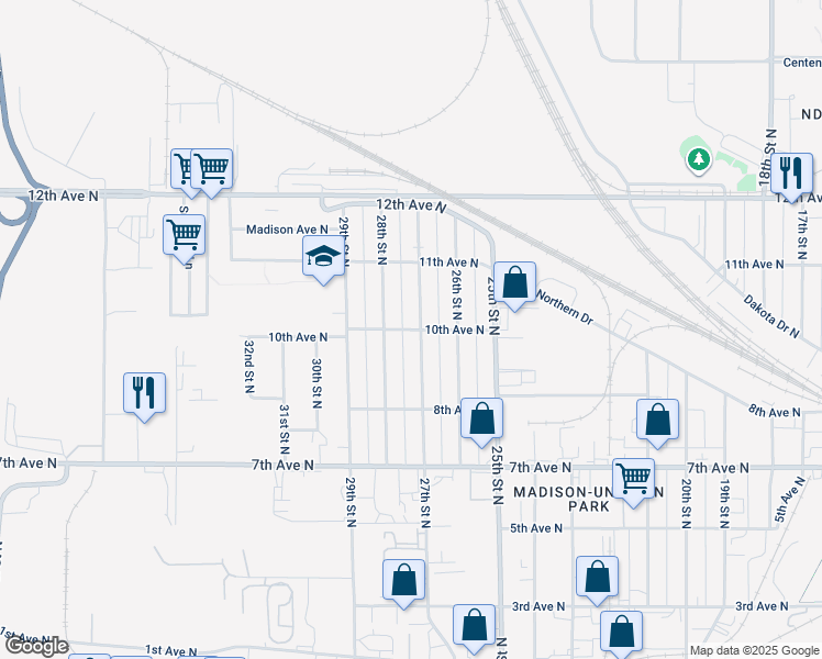 map of restaurants, bars, coffee shops, grocery stores, and more near 2704 10th Avenue North in Fargo