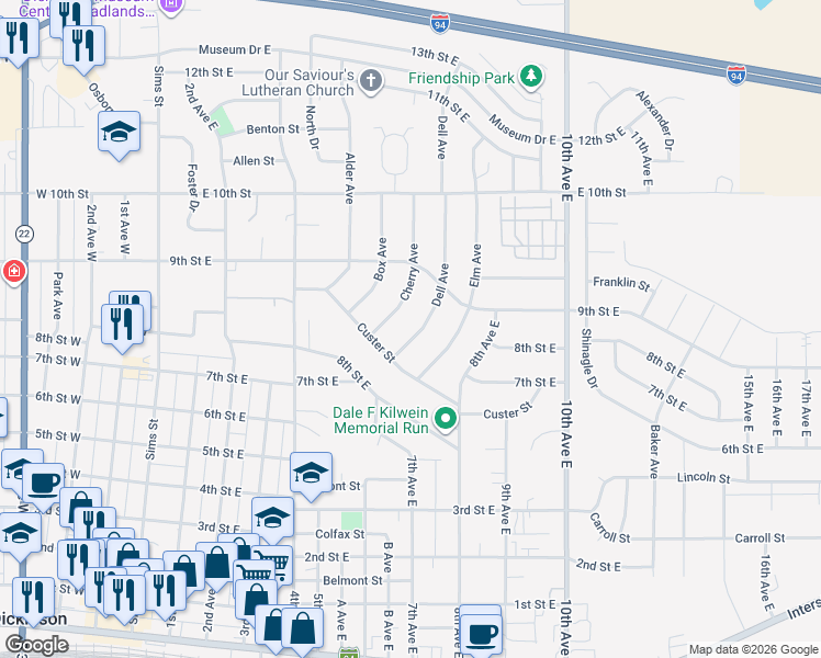 map of restaurants, bars, coffee shops, grocery stores, and more near 854 Dell Avenue in Dickinson