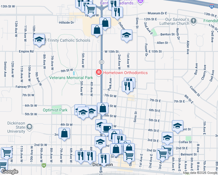 map of restaurants, bars, coffee shops, grocery stores, and more near 811 Park Avenue in Dickinson