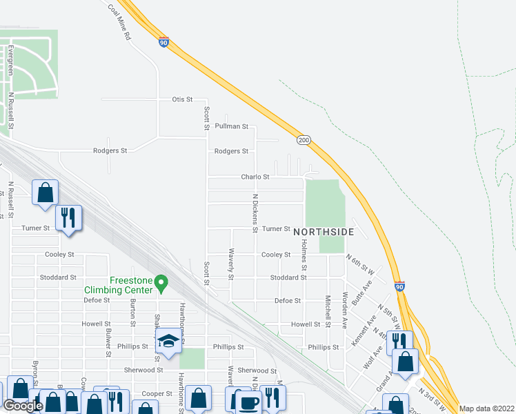 map of restaurants, bars, coffee shops, grocery stores, and more near 8 North Dickens Street in Missoula