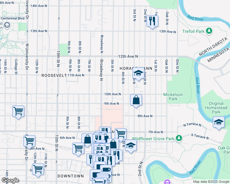 map of restaurants, bars, coffee shops, grocery stores, and more near 1001 5th Street North in Fargo
