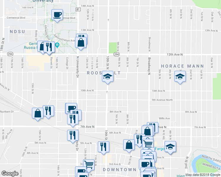 map of restaurants, bars, coffee shops, grocery stores, and more near 1001 10th Street North in Fargo
