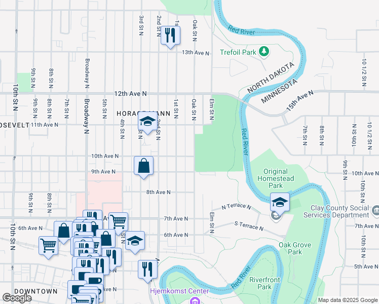 map of restaurants, bars, coffee shops, grocery stores, and more near 1002 Oak Street North in Fargo