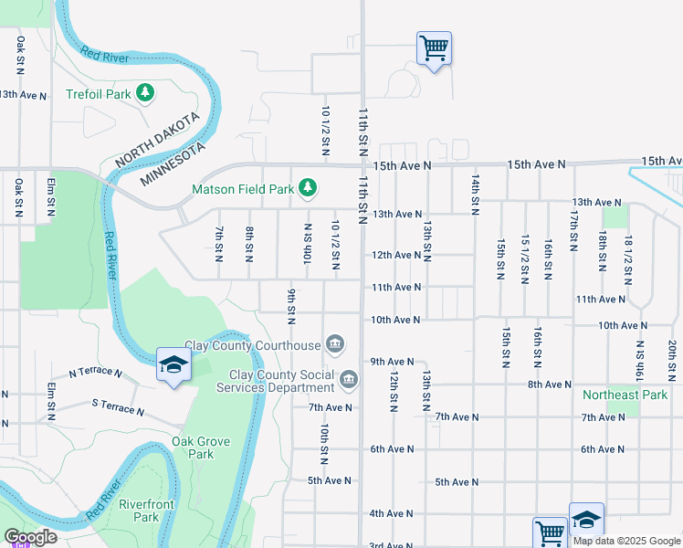 map of restaurants, bars, coffee shops, grocery stores, and more near 1028 11th Avenue North in Moorhead