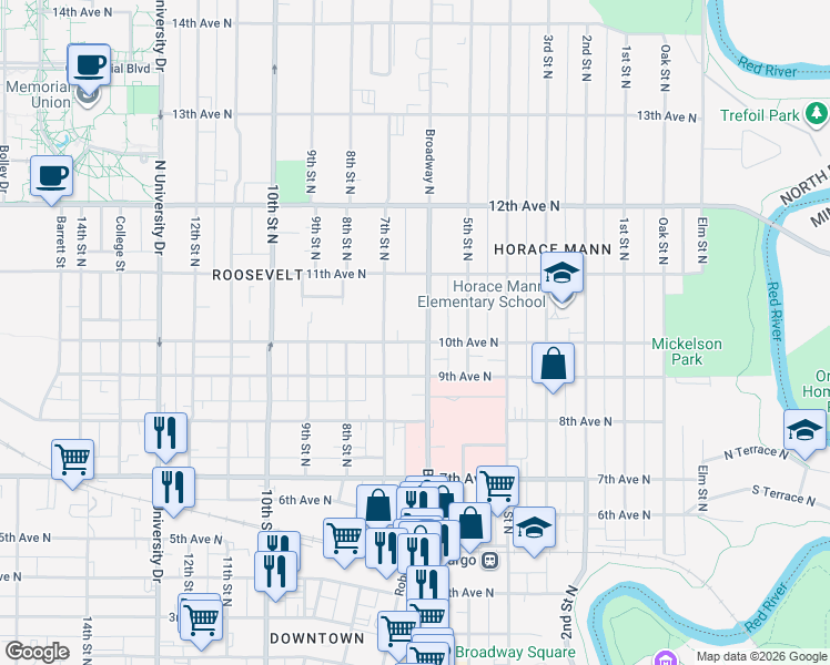 map of restaurants, bars, coffee shops, grocery stores, and more near 1004 Broadway North in Fargo