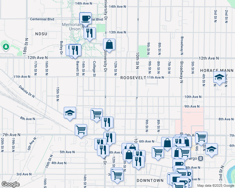 map of restaurants, bars, coffee shops, grocery stores, and more near 1119 10th Avenue North in Fargo