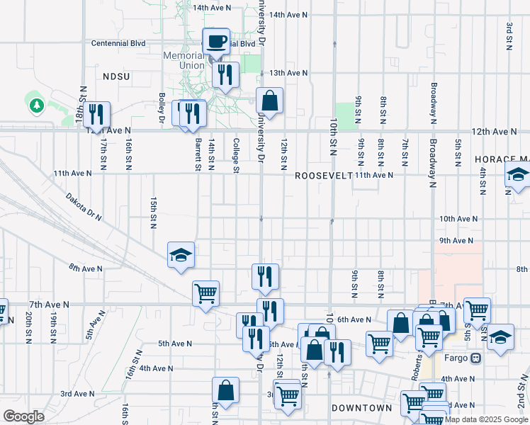 map of restaurants, bars, coffee shops, grocery stores, and more near 1221 10th Avenue North in Fargo
