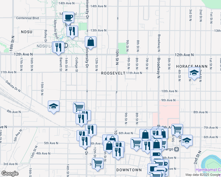 map of restaurants, bars, coffee shops, grocery stores, and more near 1013 10th Avenue North in Fargo