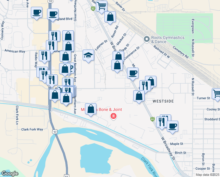 map of restaurants, bars, coffee shops, grocery stores, and more near 2651 Palmer Street in Missoula