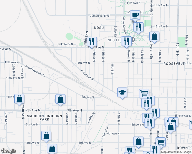 map of restaurants, bars, coffee shops, grocery stores, and more near 1001 17th Street North in Fargo