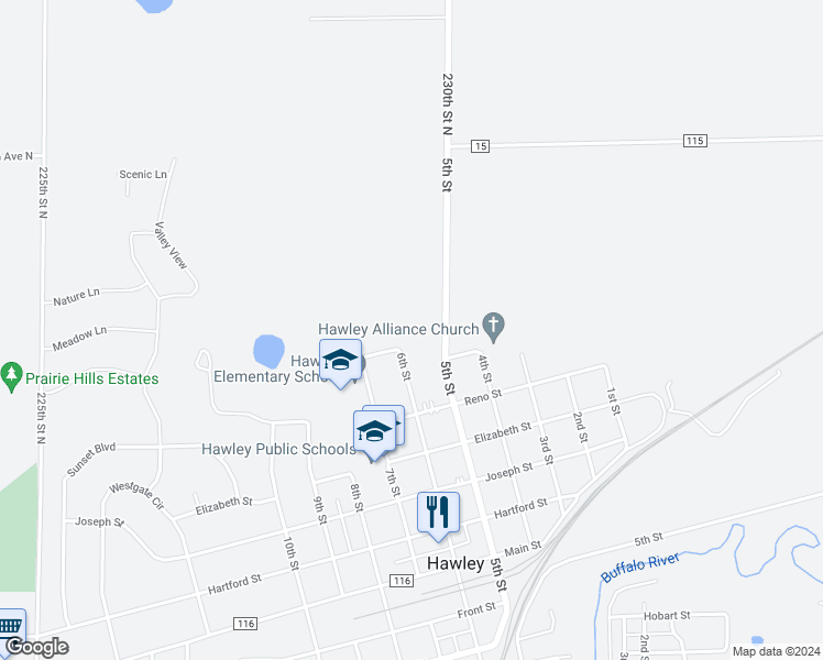 map of restaurants, bars, coffee shops, grocery stores, and more near 1002 6th Street in Hawley