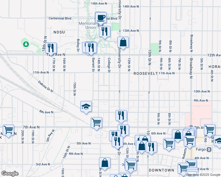 map of restaurants, bars, coffee shops, grocery stores, and more near 1001 College Street in Fargo