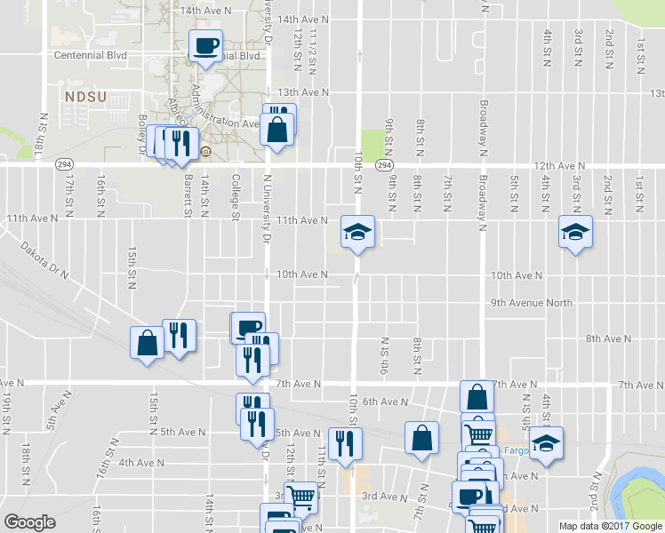 map of restaurants, bars, coffee shops, grocery stores, and more near 1015 10th Avenue North in Fargo