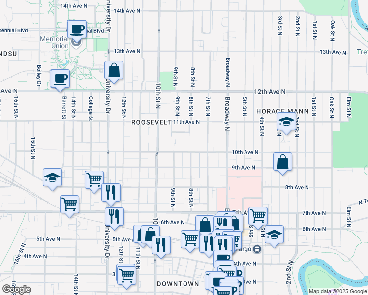 map of restaurants, bars, coffee shops, grocery stores, and more near 811 10th Avenue North in Fargo