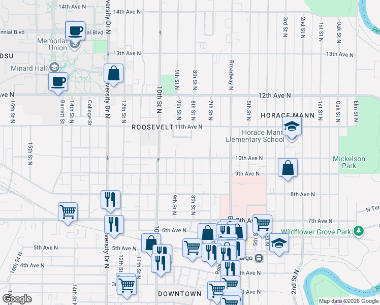 map of restaurants, bars, coffee shops, grocery stores, and more near 801 10th Avenue North in Fargo