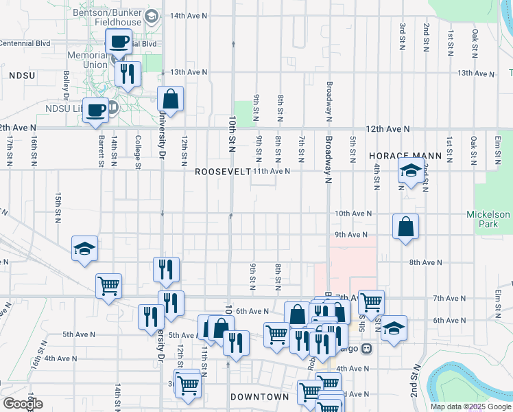 map of restaurants, bars, coffee shops, grocery stores, and more near 819 10th Avenue North in Fargo