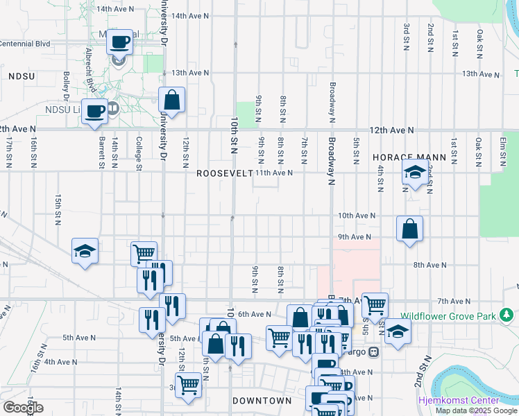 map of restaurants, bars, coffee shops, grocery stores, and more near 823 10th Avenue North in Fargo