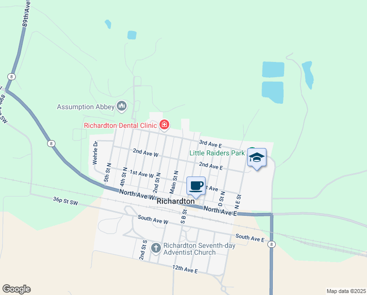 map of restaurants, bars, coffee shops, grocery stores, and more near 319 Main Street North in Richardton