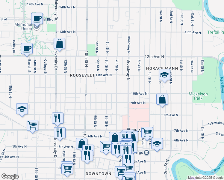 map of restaurants, bars, coffee shops, grocery stores, and more near 711 10th Avenue North in Fargo