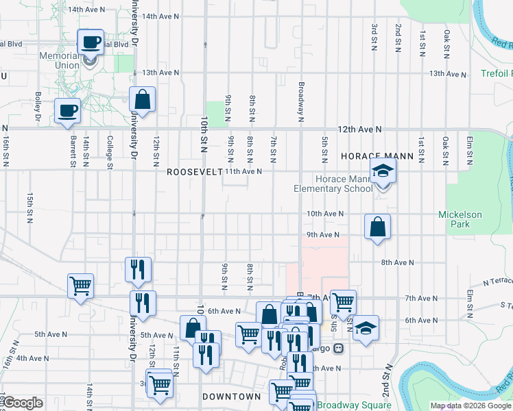 map of restaurants, bars, coffee shops, grocery stores, and more near 711 10th Avenue North in Fargo