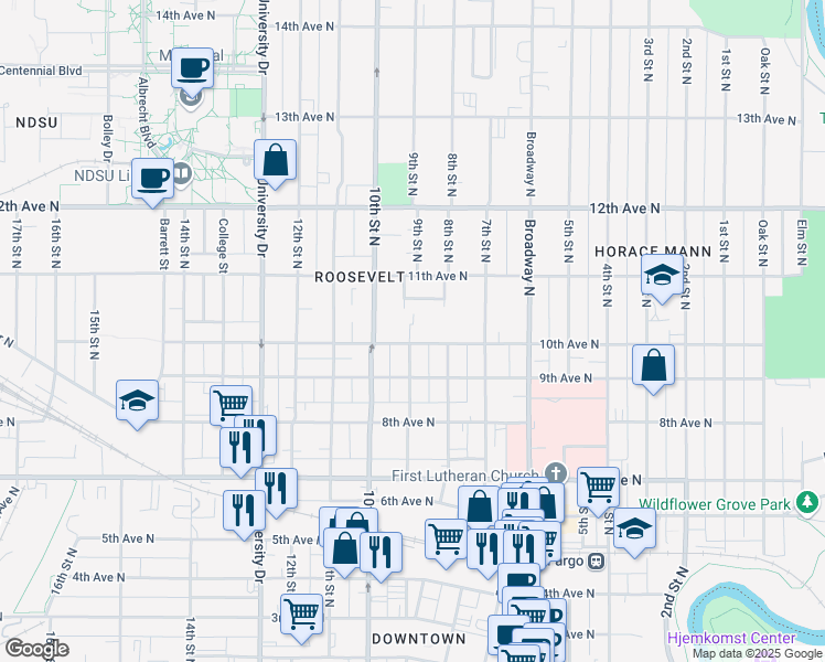 map of restaurants, bars, coffee shops, grocery stores, and more near 819 10th Avenue North in Fargo