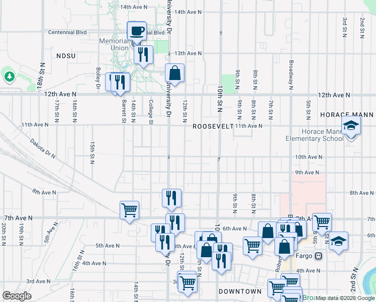 map of restaurants, bars, coffee shops, grocery stores, and more near 1119 10th Avenue North in Fargo