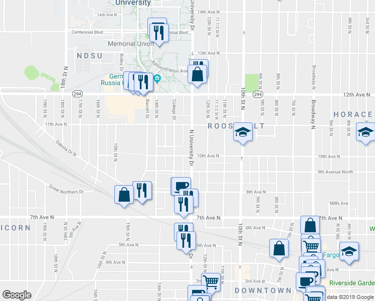 map of restaurants, bars, coffee shops, grocery stores, and more near 1221 10th Avenue North in Fargo