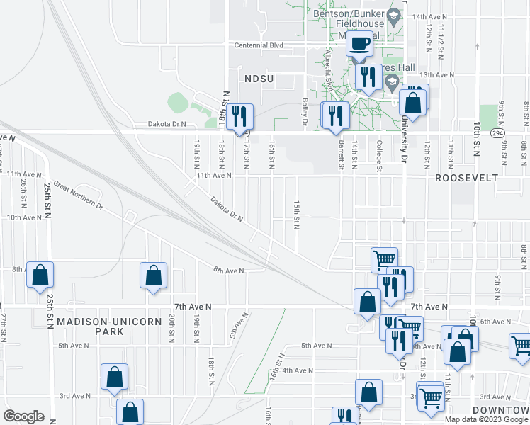 map of restaurants, bars, coffee shops, grocery stores, and more near 1001 17th Street North in Fargo