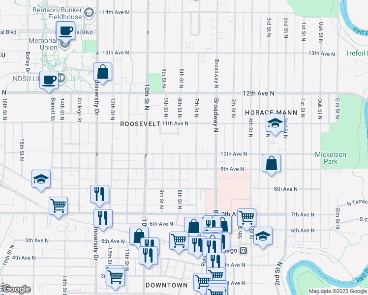 map of restaurants, bars, coffee shops, grocery stores, and more near 711 10th Avenue North in Fargo