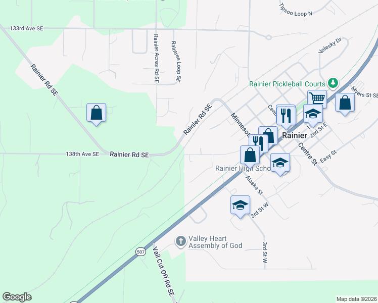 map of restaurants, bars, coffee shops, grocery stores, and more near 608 Rochester Street West in Rainier