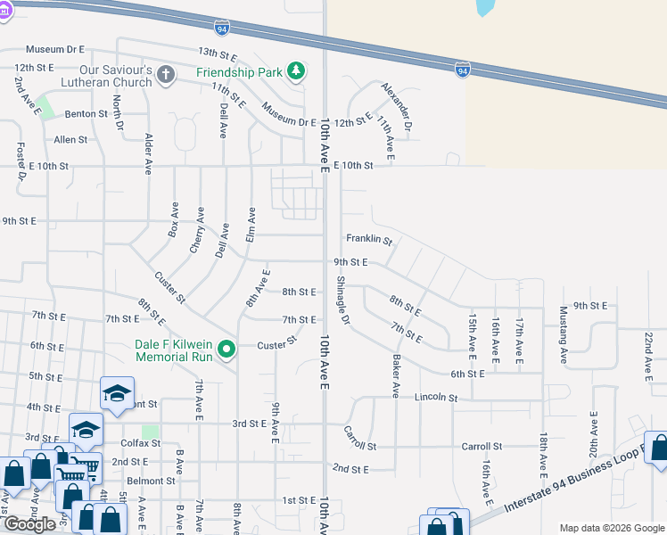 map of restaurants, bars, coffee shops, grocery stores, and more near 801-849 Shinagle Drive in Dickinson