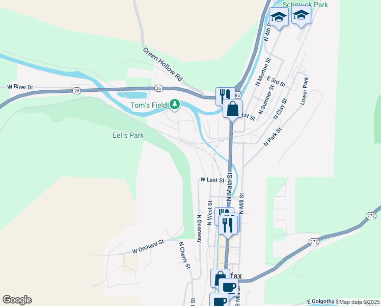 map of restaurants, bars, coffee shops, grocery stores, and more near 623 North Perkins Avenue in Colfax