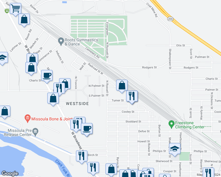 map of restaurants, bars, coffee shops, grocery stores, and more near 1520 North Russell Street in Missoula