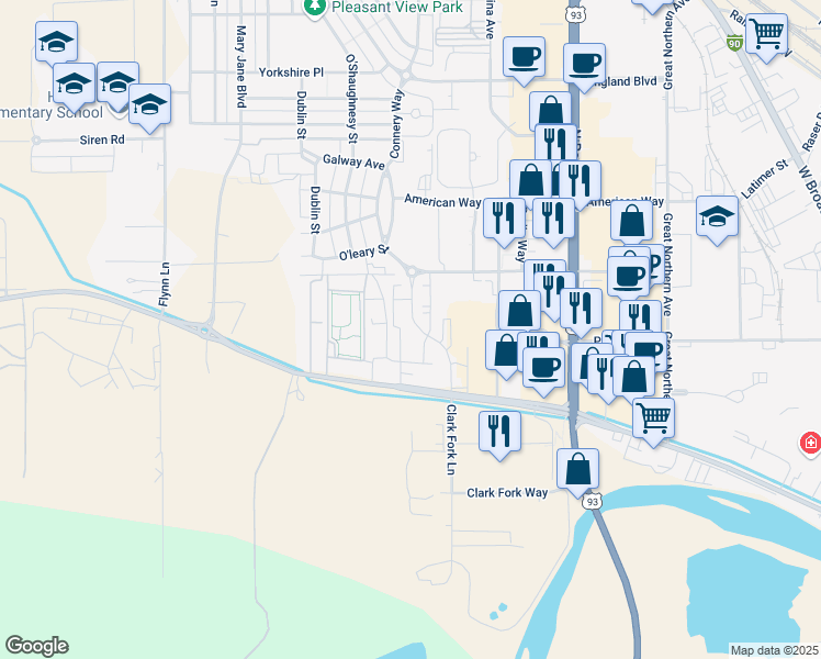 map of restaurants, bars, coffee shops, grocery stores, and more near 2445 Clark Fork Lane in Missoula