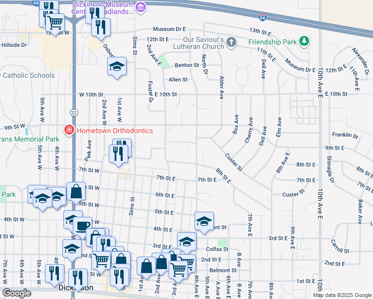 map of restaurants, bars, coffee shops, grocery stores, and more near 851 4th Avenue East in Dickinson