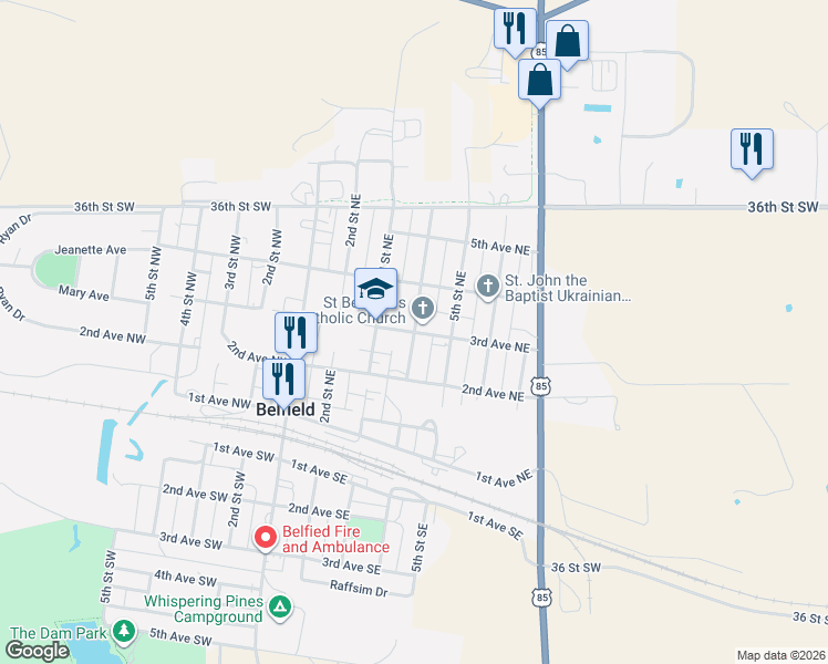 map of restaurants, bars, coffee shops, grocery stores, and more near 213 5th Street Northeast in Belfield