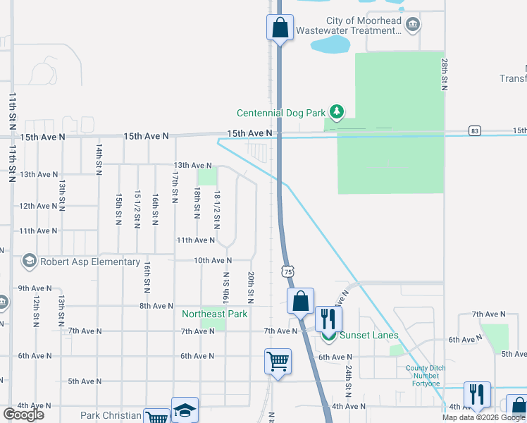 map of restaurants, bars, coffee shops, grocery stores, and more near 1134 20th Street North in Moorhead