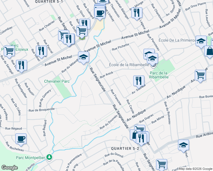 map of restaurants, bars, coffee shops, grocery stores, and more near 411 Rue Francine in Québec