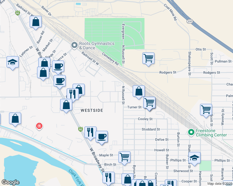 map of restaurants, bars, coffee shops, grocery stores, and more near 721 East Travois in Missoula